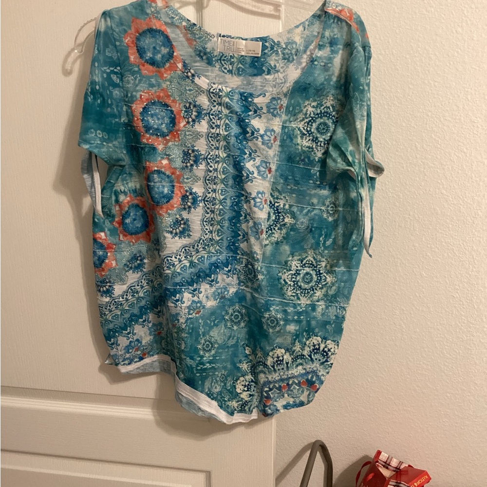Cato Teal and Coral Short Sleeve Top